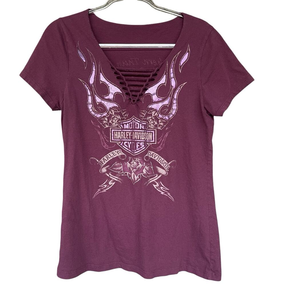 Harley‎ Davidson Womens Biker Shirt Small Lace Up Motorcycle Purple Floral Wings